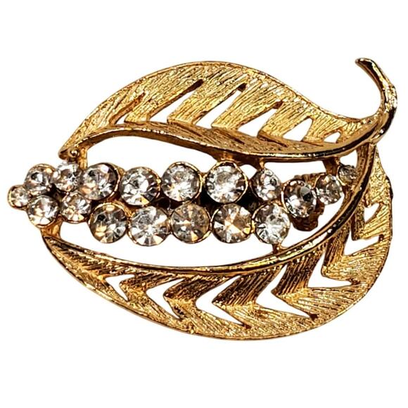 Classy Vtg Art Deco Gold Tone Leaf Pin Clear Rhinestones 1.5" Retro Glam Unsigne - Picture 1 of 3